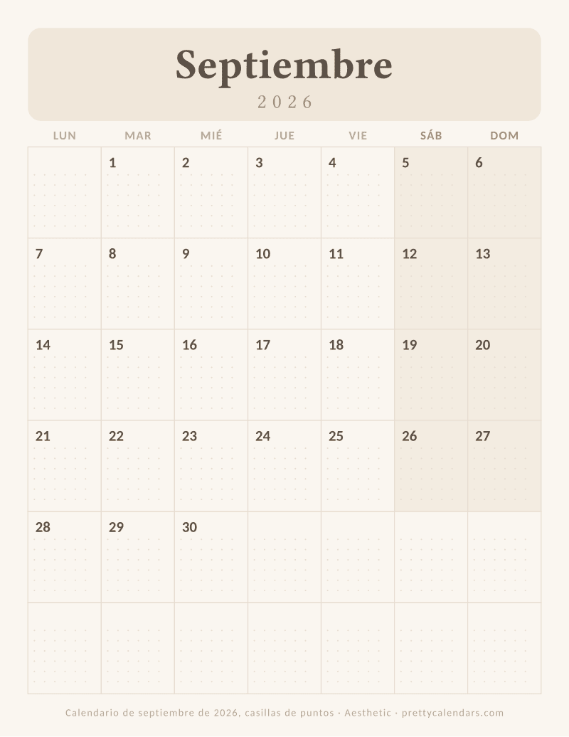 Calendario mensual para imprimir con una retícula de puntos dentro de cada casilla, estilo Aesthetic