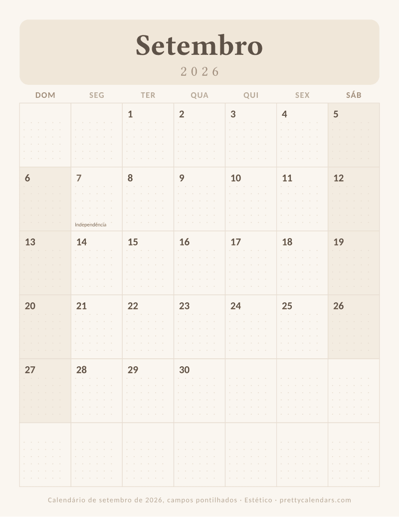 Calendário mensal para imprimir com grade pontilhada, estilo Estético