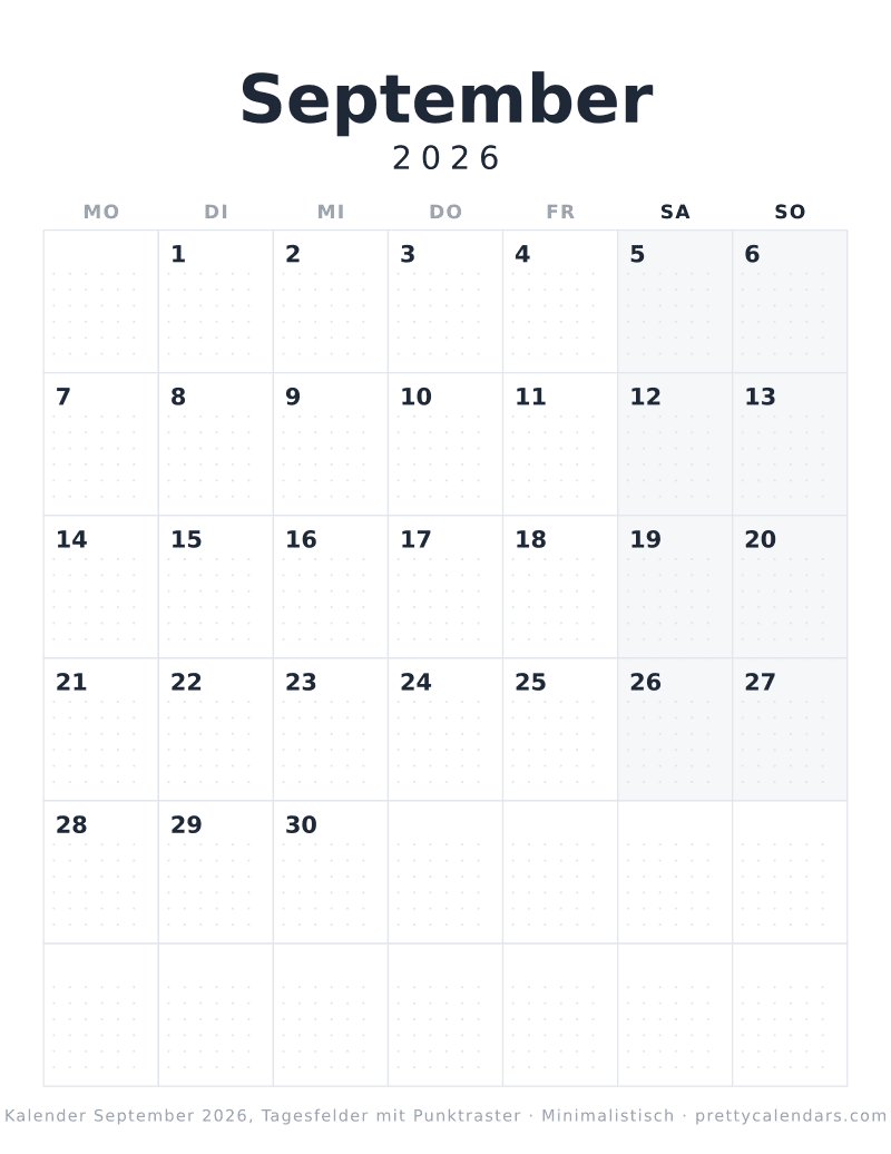 Druckbarer Monatskalender mit Punktraster, Design Minimalistisch