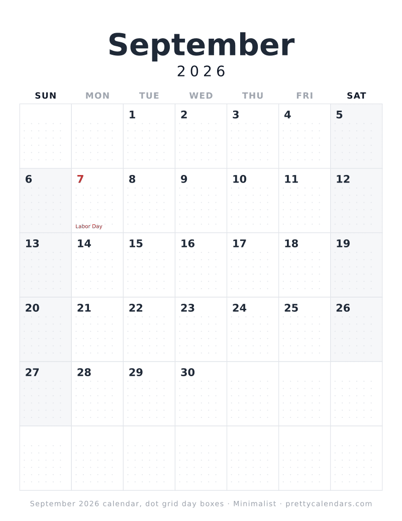 Printable monthly calendar with a dot grid inside every day box, Minimalist style