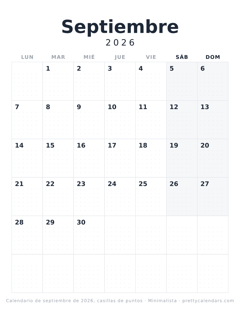 Calendario mensual para imprimir con una retícula de puntos dentro de cada casilla, estilo Minimalista