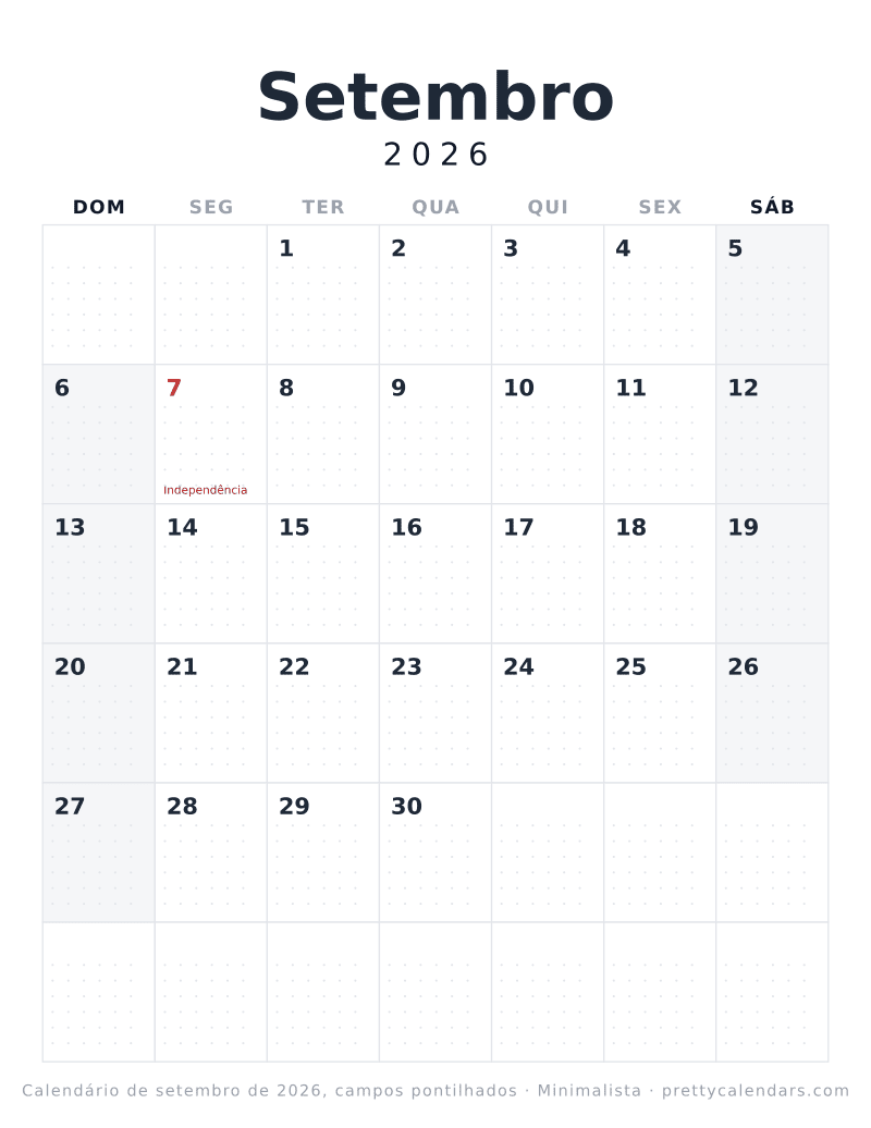 Calendário mensal para imprimir com grade pontilhada, estilo Minimalista