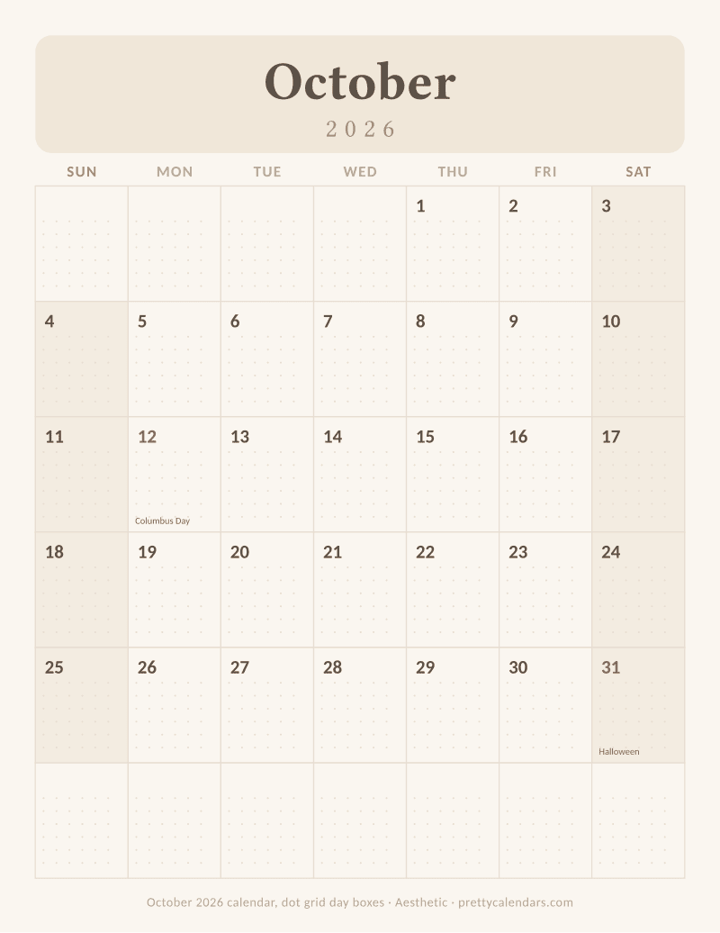 Printable monthly calendar with a dot grid inside every day box, Aesthetic style
