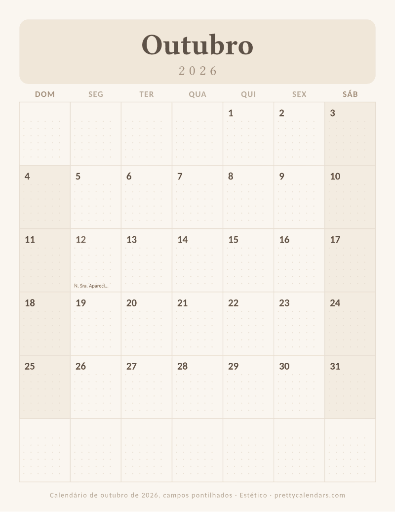 Calendário mensal para imprimir com grade pontilhada, estilo Estético