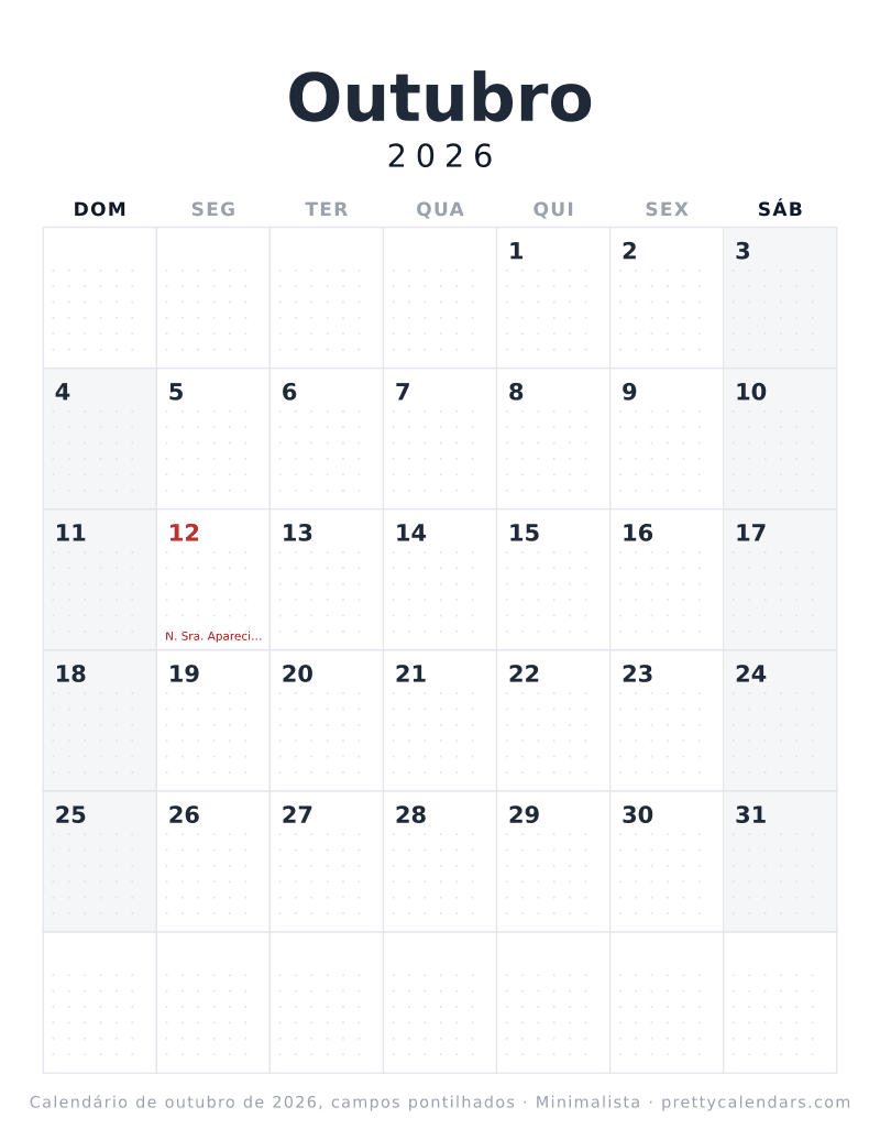 Calendário mensal para imprimir com grade pontilhada, estilo Minimalista