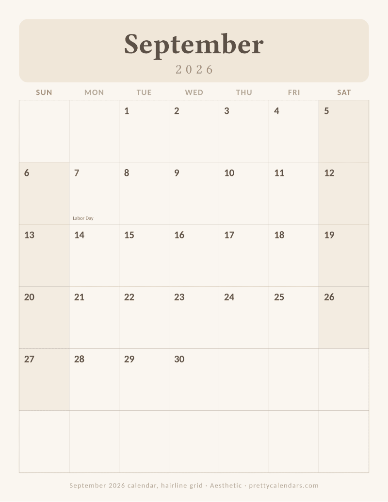 Printable monthly calendar ruled in ultra fine hairlines, Aesthetic style