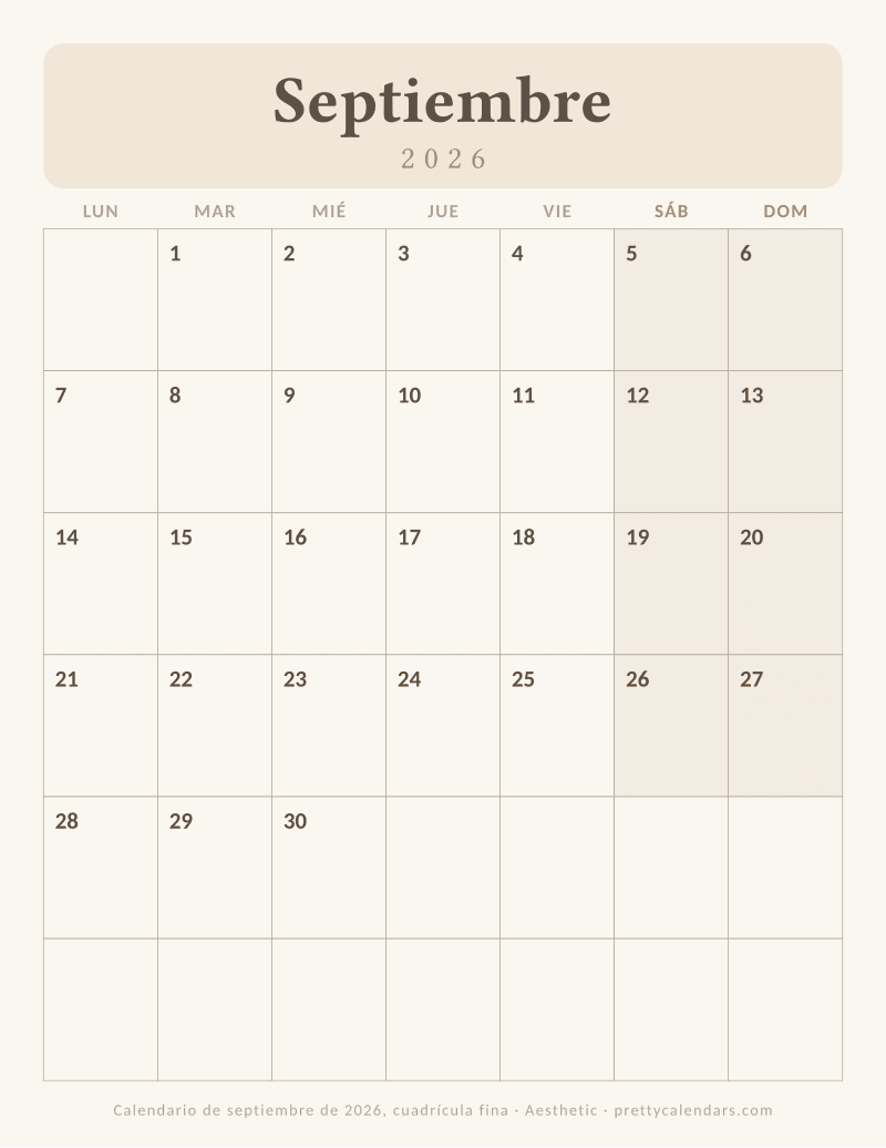 Calendario mensual para imprimir con la cuadrícula trazada a línea finísima, estilo Aesthetic