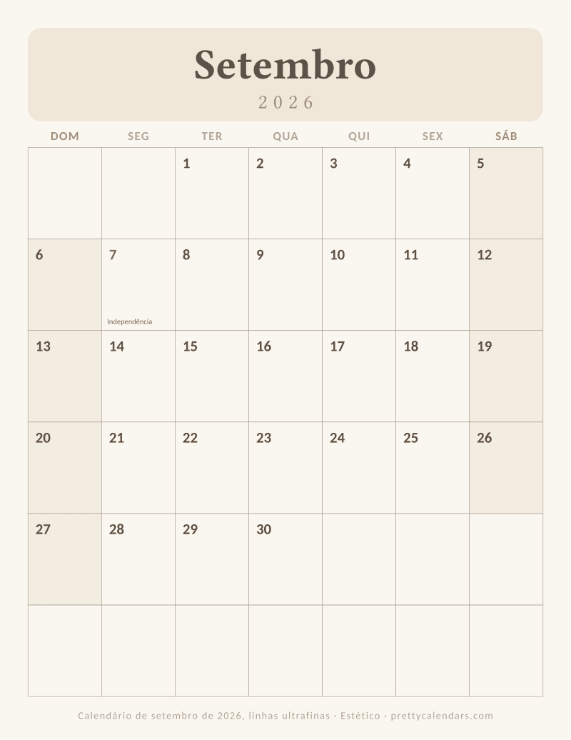 Calendário mensal para imprimir com linhas ultrafinas, estilo Estético