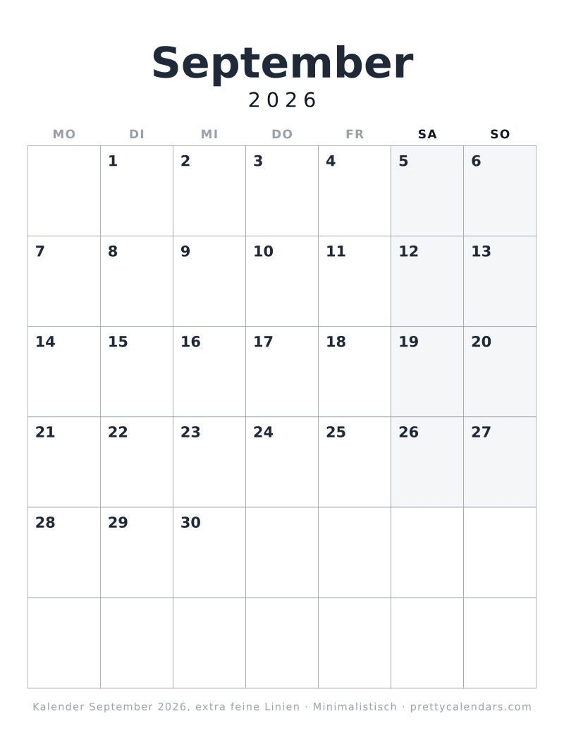Druckbarer Monatskalender mit extra feinen Linien, Design Minimalistisch