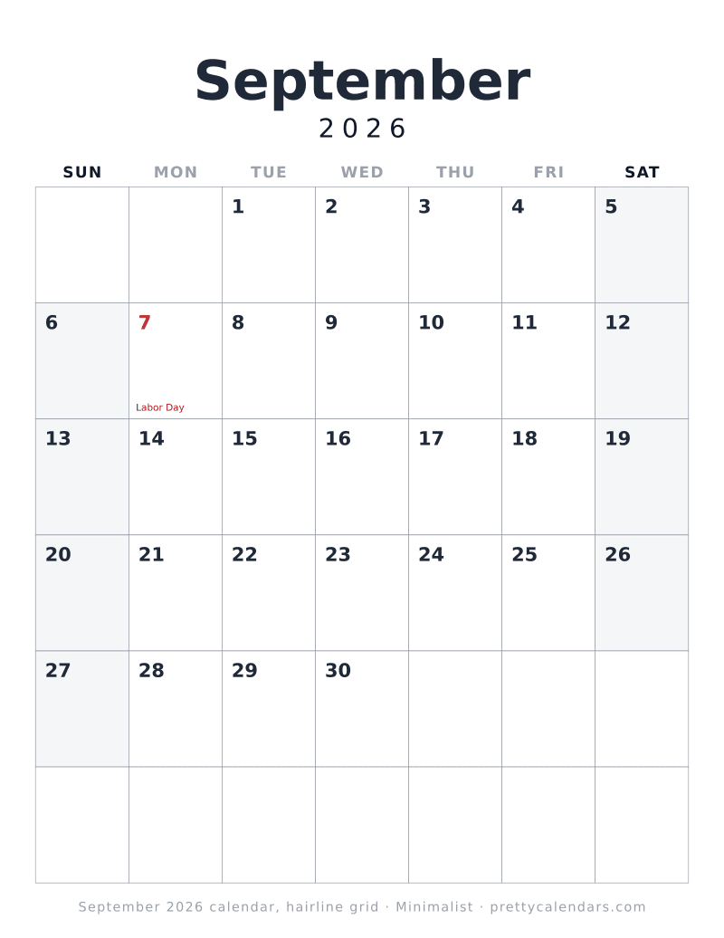 Printable monthly calendar ruled in ultra fine hairlines, Minimalist style