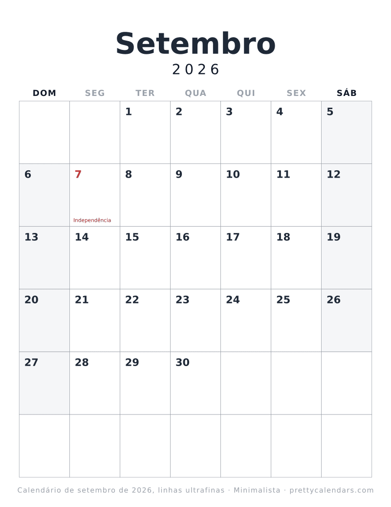 Calendário mensal para imprimir com linhas ultrafinas, estilo Minimalista