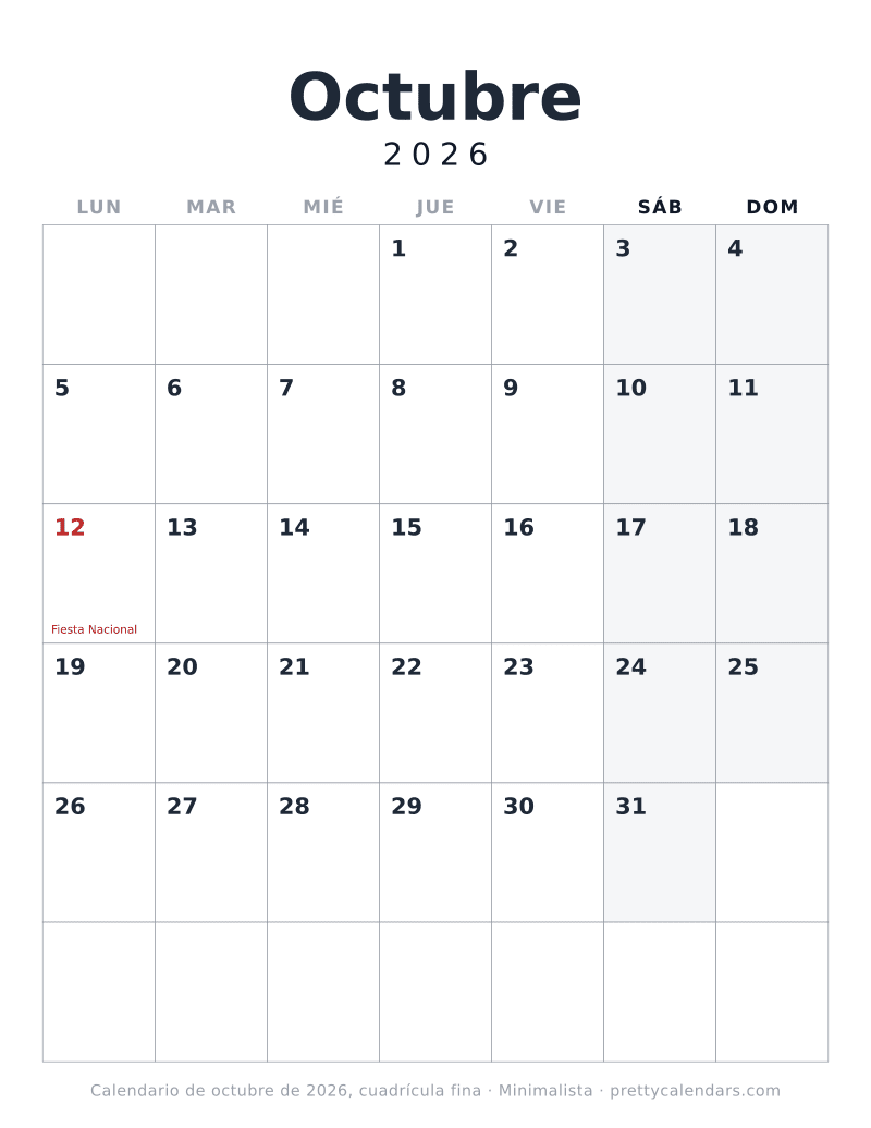 Calendario mensual para imprimir con la cuadrícula trazada a línea finísima, estilo Minimalista