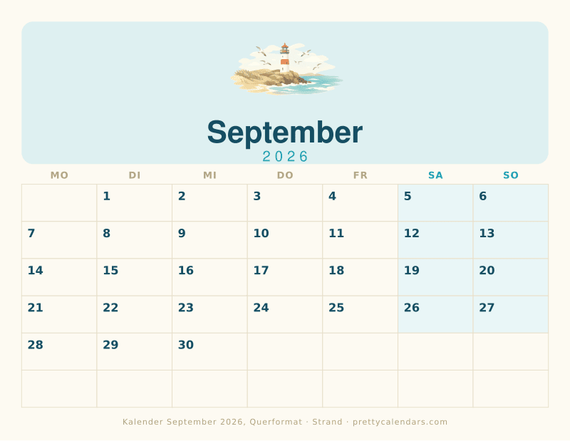 Druckbarer Monatskalender mit Querformat, Design Strand