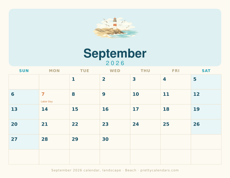 Printable monthly calendar in landscape orientation with wide day boxes, Beach style
