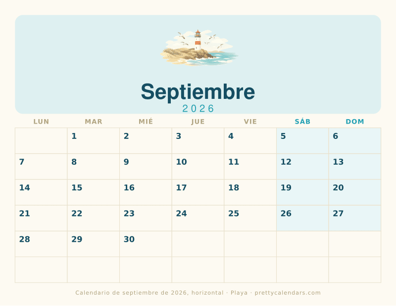 Calendario mensual para imprimir en horizontal con casillas anchas, estilo Playa