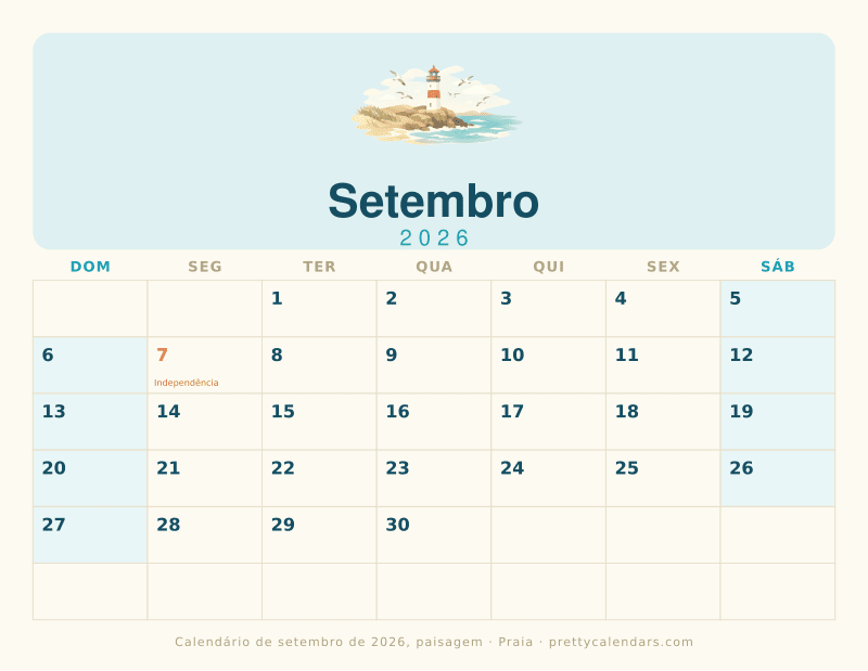 Calendário mensal para imprimir com orientação paisagem, estilo Praia