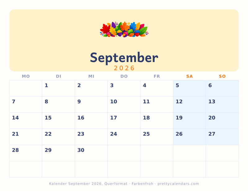 Druckbarer Monatskalender mit Querformat, Design Farbenfroh