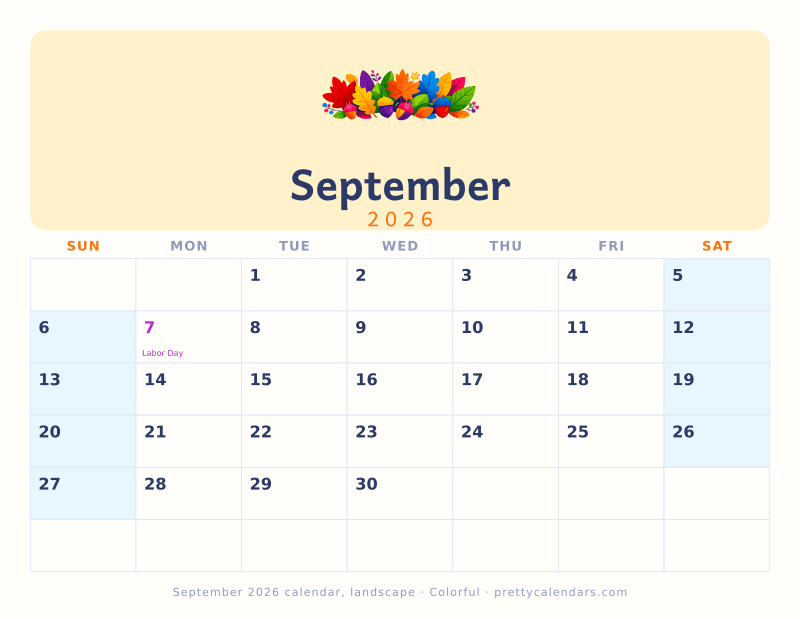 Printable monthly calendar in landscape orientation with wide day boxes, Colorful style