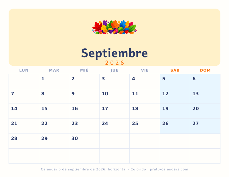 Calendario mensual para imprimir en horizontal con casillas anchas, estilo Colorido