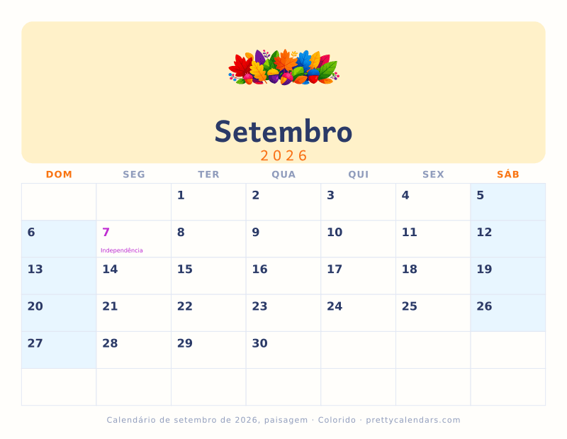 Calendário mensal para imprimir com orientação paisagem, estilo Colorido