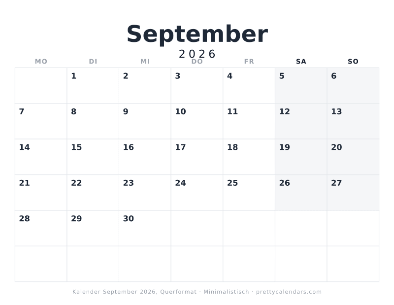 Druckbarer Monatskalender mit Querformat, Design Minimalistisch