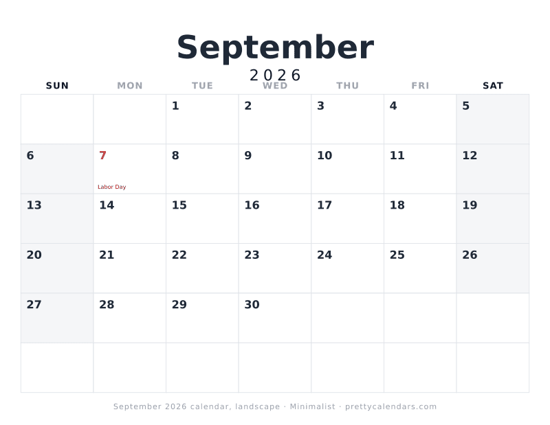 Printable monthly calendar in landscape orientation with wide day boxes, Minimalist style
