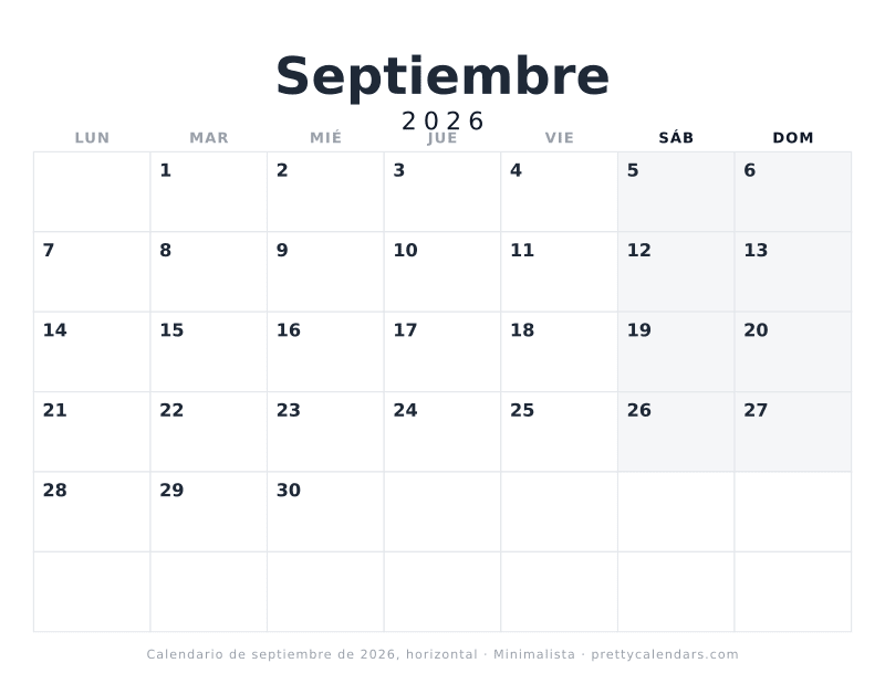 Calendario mensual para imprimir en horizontal con casillas anchas, estilo Minimalista