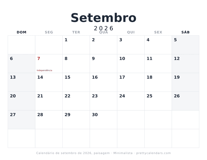 Calendário mensal para imprimir com orientação paisagem, estilo Minimalista