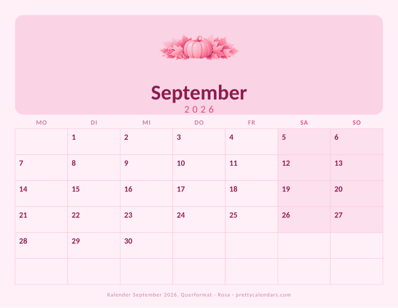 Druckbarer Monatskalender mit Querformat, Design Rosa