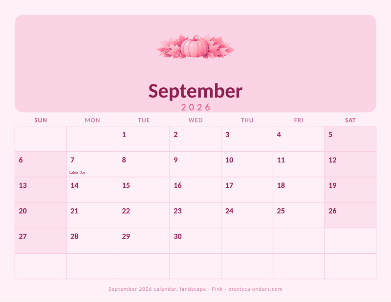 Printable monthly calendar in landscape orientation, Pink design