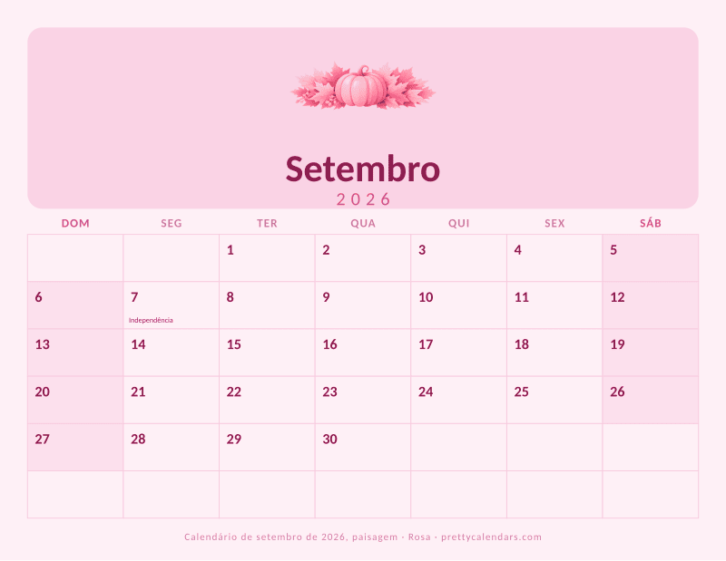 Calendário mensal para imprimir com orientação paisagem, estilo Rosa