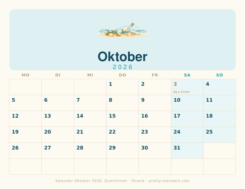 Druckbarer Monatskalender mit Querformat, Design Strand
