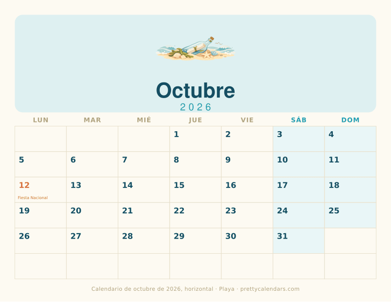 Calendario mensual para imprimir en horizontal con casillas anchas, estilo Playa