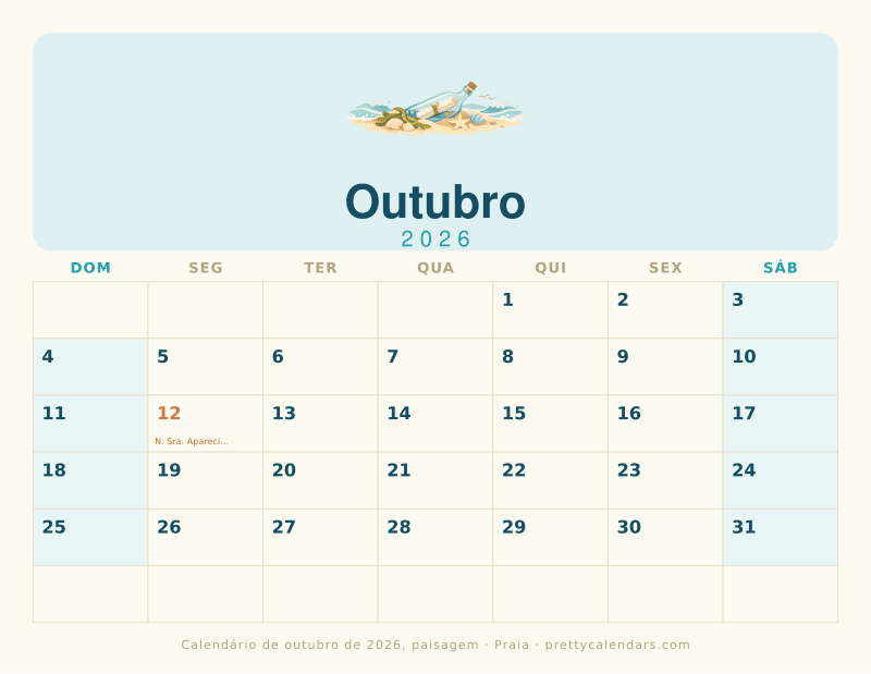 Calendário mensal para imprimir com orientação paisagem, estilo Praia