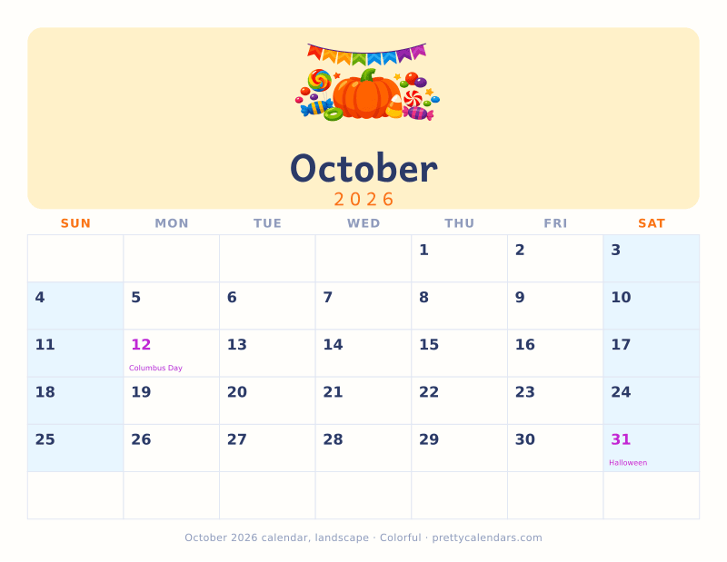 Printable monthly calendar in landscape orientation with wide day boxes, Colorful style