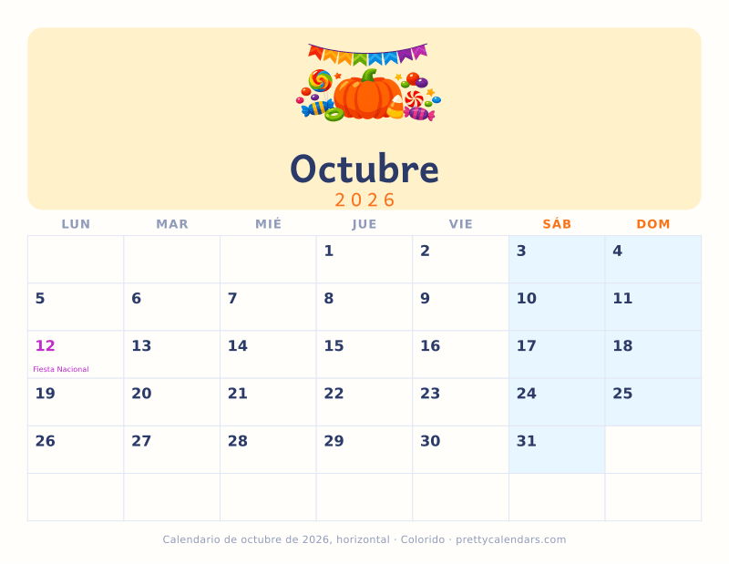 Calendario mensual para imprimir en horizontal con casillas anchas, estilo Colorido