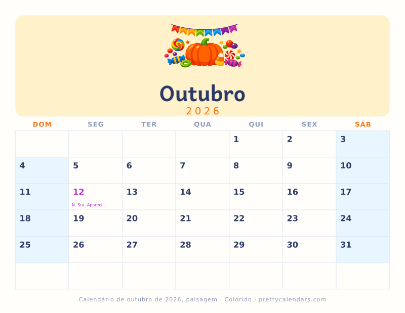 Calendário mensal para imprimir com orientação paisagem, estilo Colorido