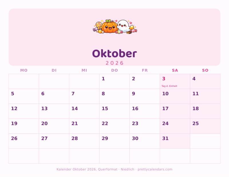 Druckbarer Monatskalender mit Querformat, Design Niedlich