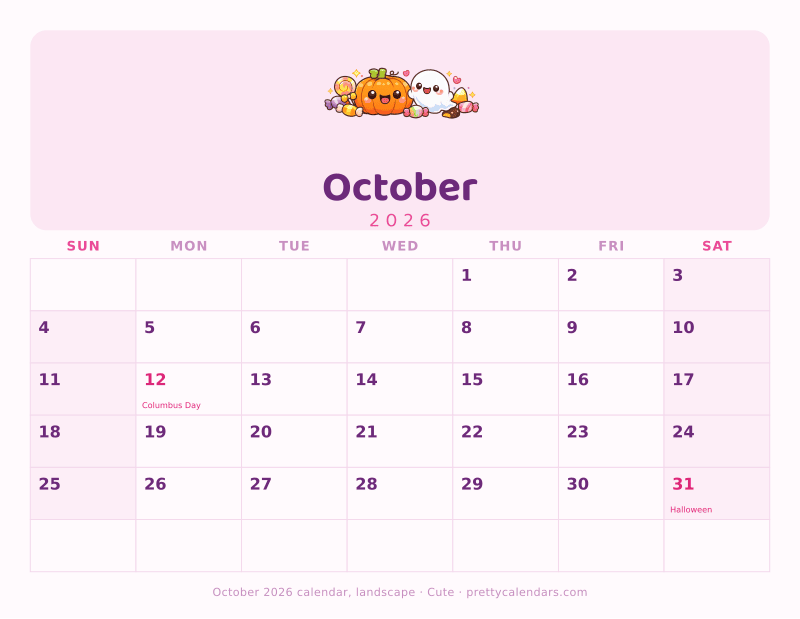 Printable monthly calendar in landscape orientation with wide day boxes, Cute style