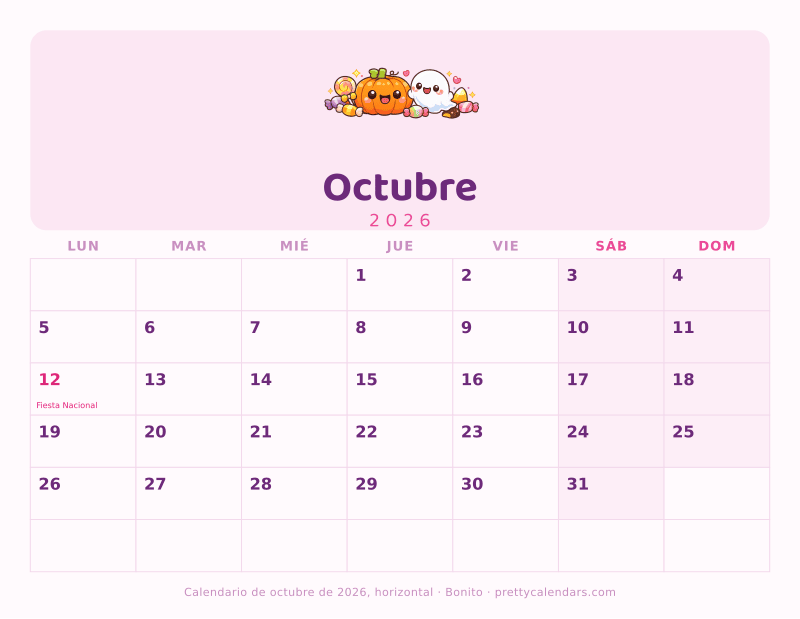 Calendario mensual para imprimir en horizontal con casillas anchas, estilo Bonito