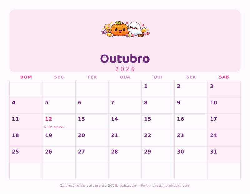 Calendário mensal para imprimir com orientação paisagem, estilo Fofo
