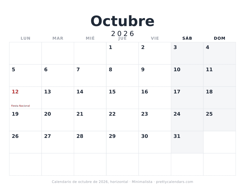 Calendario mensual para imprimir en horizontal con casillas anchas, estilo Minimalista