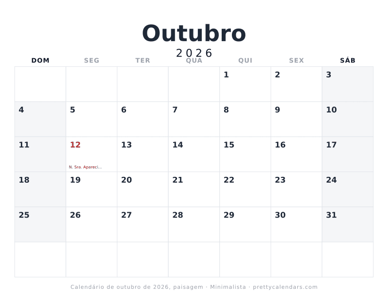 Calendário mensal para imprimir com orientação paisagem, estilo Minimalista