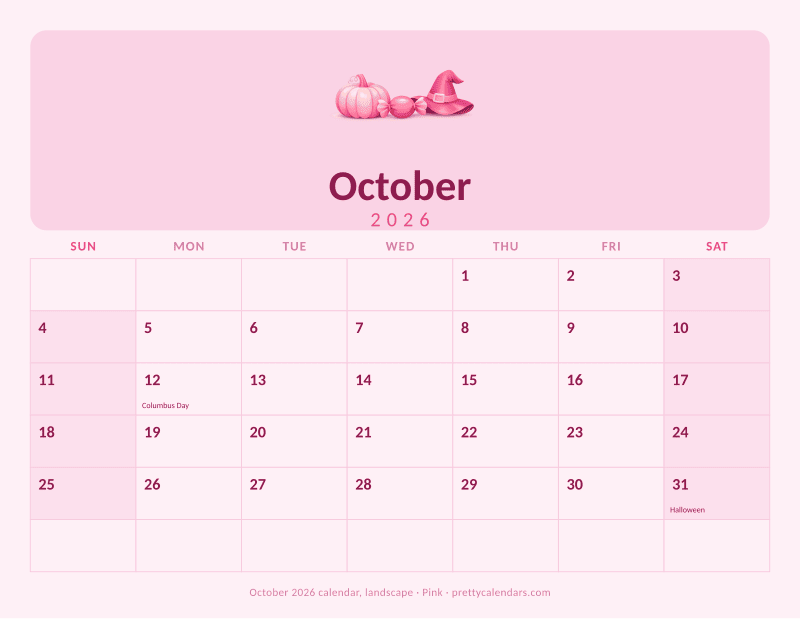 Printable monthly calendar in landscape orientation, Pink design