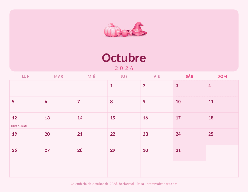 Calendario mensual para imprimir en orientación horizontal, diseño Rosa