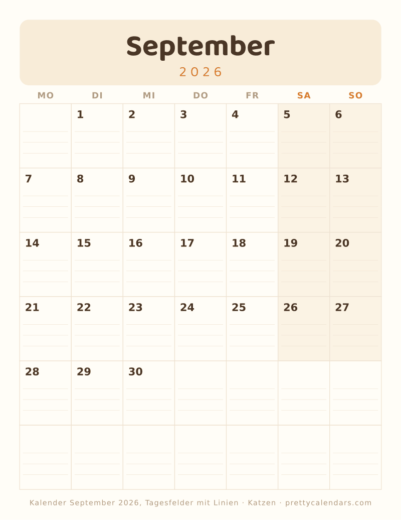 Druckbarer Monatskalender mit Schreiblinien, Design Katzen
