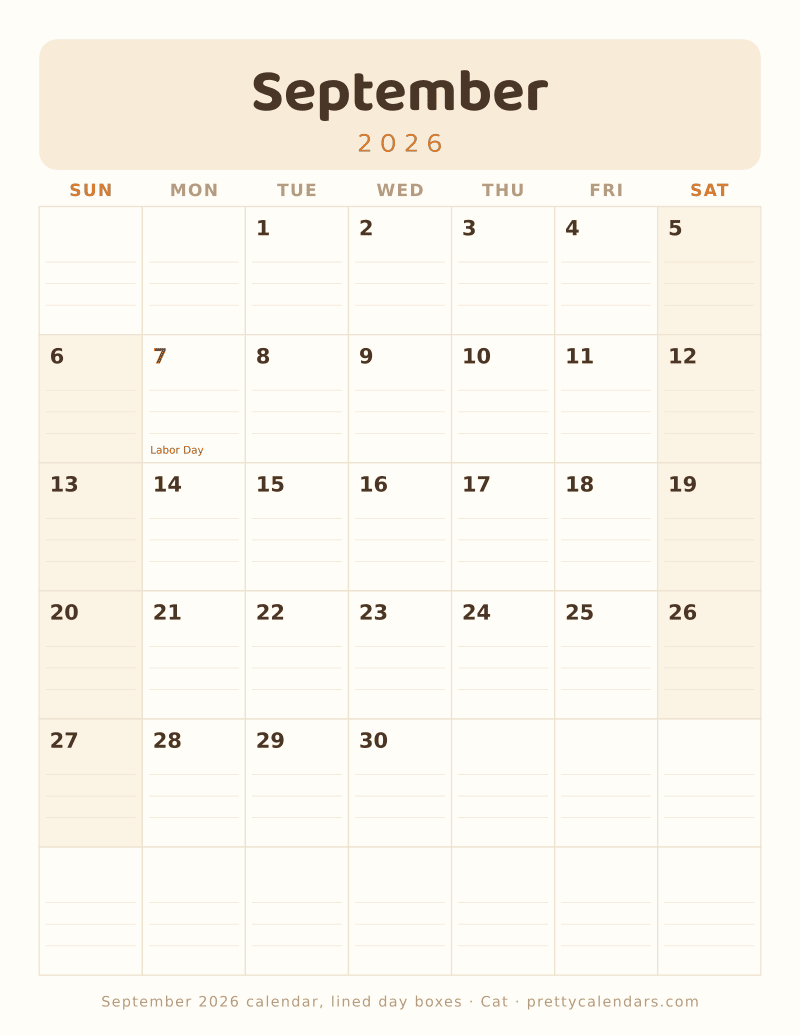 Printable monthly calendar with ruled writing lines inside every day box, Cat style
