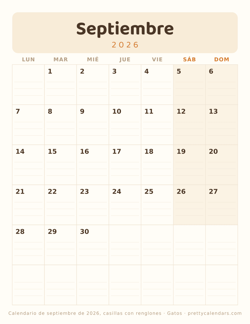 Calendario mensual para imprimir con renglones dentro de cada casilla, estilo Gatos