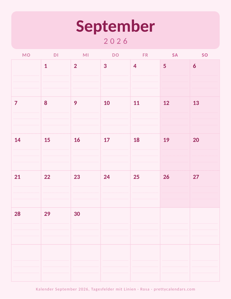 Druckbarer Monatskalender mit Schreiblinien, Design Rosa