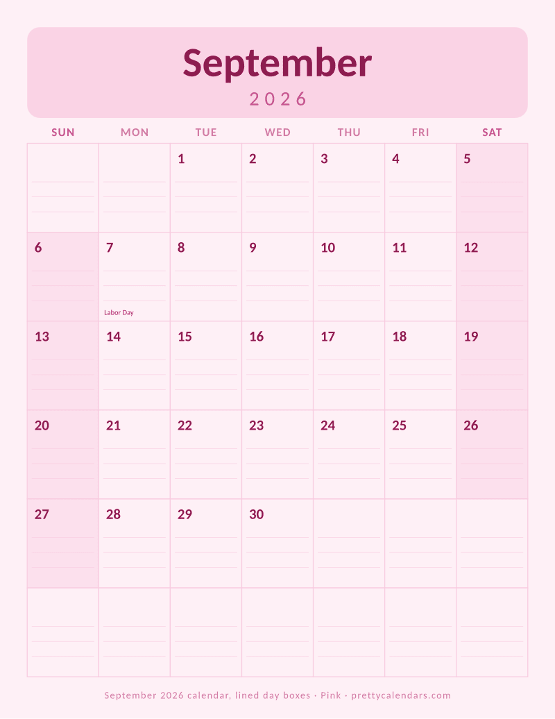 Printable monthly calendar with ruled writing lines inside every day box, Pink style